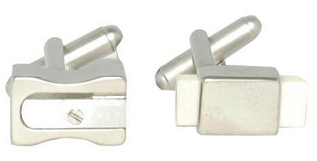 These fun silver coloured cufflinks consist of one shaped like a pencil sharpener and the other as a