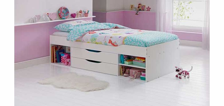 Part of the Shelby collection. Cabin bed: Bed size W81. L180. H53cm. Drawer size H12. W38. D33cm. Storage unit size H36. W42. D60cm. For ages 4 years and over. General information: Weight 60kg. Self assembly: 2 people recommended.