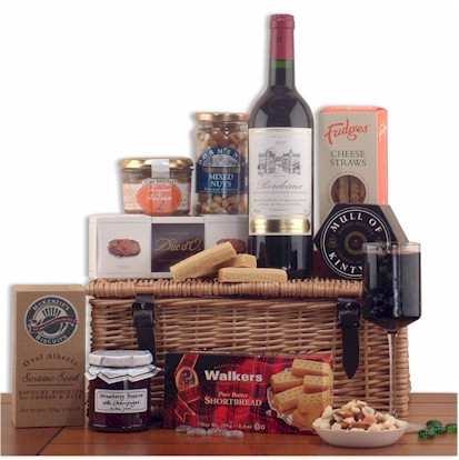 A fine food hamper to thoroughly enjoy. Willow hamper includes a vibrant Bordeaux brimming with