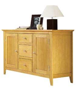 Solid oak with limited veneer content. 3 drawers with brushed stainless steel effect handles.Size