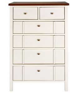 Pine frame and drawer fronts with pine veneer sides and top.Ivory finish with oriental geometric