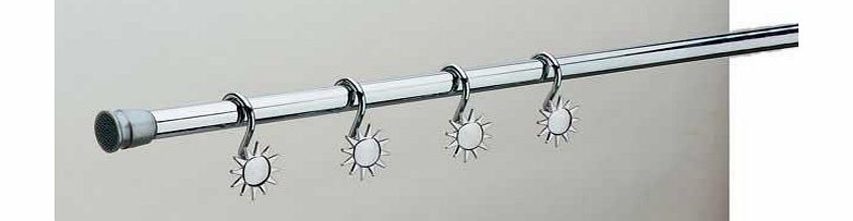 Chrome plated. End caps white.Extends from 1.05 to 1.9m. With 12 chrome effect sun shaped hooks. No 