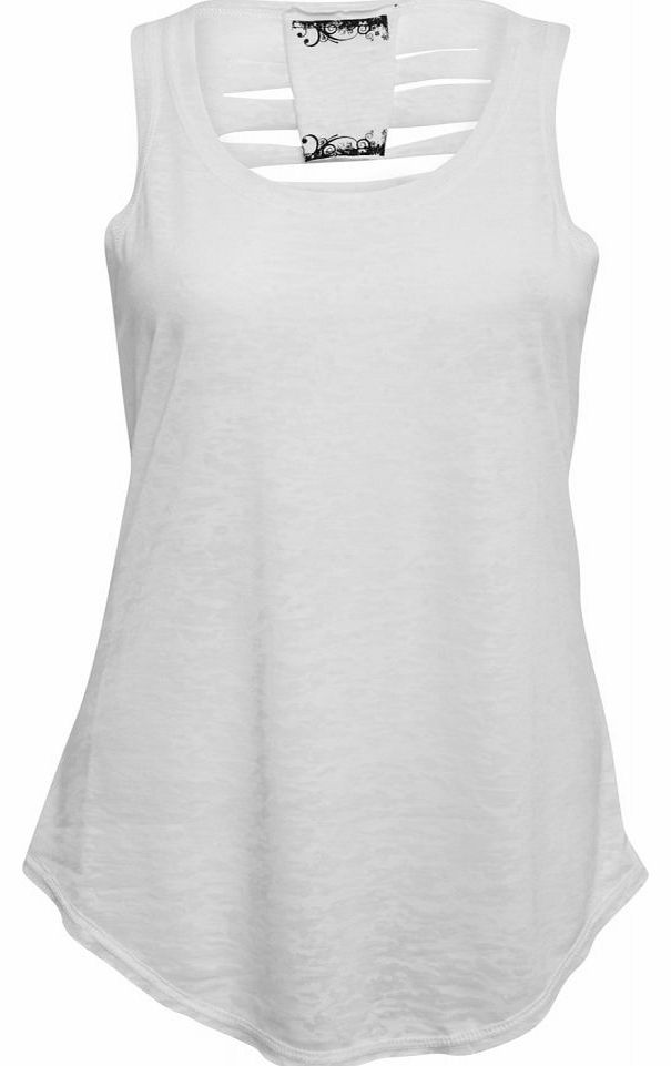 White Womens vest Burn out fabric Shredded back 100% Cotton