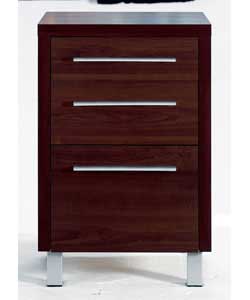 Dark maple-effect chest. Slim, silver-effect handles. 3 drawers (small, medium and large) with