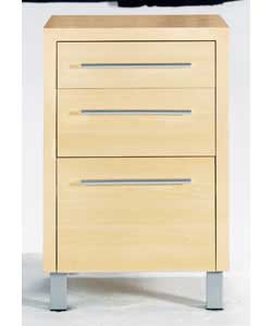 Light maple-effect chest. Slim, silver-effect handles. 3 drawers (small, medium and large) with