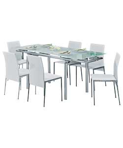 Size (L)130, (W)75, (H)75cm, length extending to 180cm.Modern extending glass dining table with silv