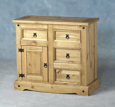 THE CORONA SIDEBOARD WITH 1 DOOR AND 4 DRAWERS REPRESEMTS VERSATILE STORAGE IN A RUSTIC FINISH