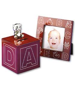 Silver Plated and Wood ABC Photoframe and Money Box