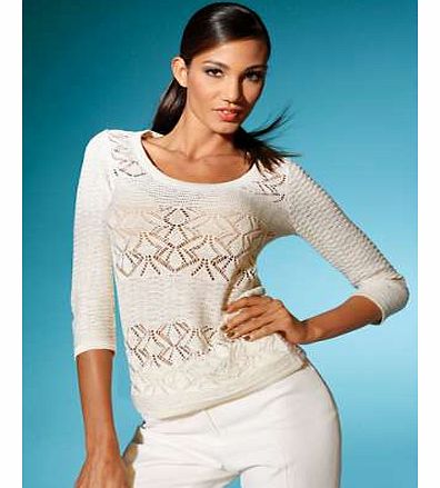 Round neck jumper designed with pretty cut-out detail and three-quarter length sleeves. Looks fabulous worn with a pair of chic trousers or jeans. Singh Madan Jumper Features: Washable 46% Acrylic, 46% Cotton, 5% Metallic fibres, 3% Polyamide Length 