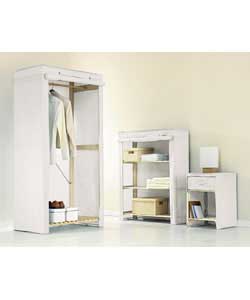 Comprises single wardrobe, 3-tier shelf and 1-drawer cabinet with bottom slatted shelf. Natural