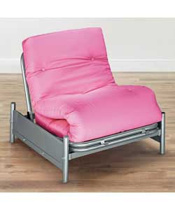 This single futon has a silver coloured tubular metal frame that converts easily into a 2ft 6in