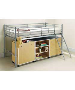 Tubular steel bunk bed with ladder. Includes sprung mattress. Can be assembled for ladder access