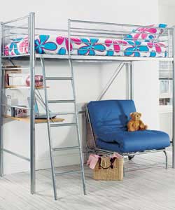 Silver coloured metal bunk bed with ladder. Features versatile blue futon sofa, which can be opened 