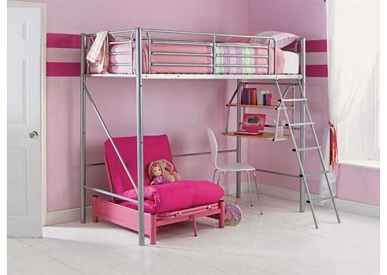 With this Sit N Sleep Metal Highsleeper and Finley Mattress. your child gets a nice place to relax. as well as a comfy bed. This bed comes with a pink futon that turns from a chair to a bed and 2 hanging shelves. which are perfect for using as a work
