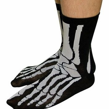 Ghoulish Skeleton SocksThese particular socks have a bone chilling Skeleton design printed on a black background.The soft, 85% cotton socks are detailed with the usual bones you would find in a human foot.This pair of Skeleton Socks will certainly ma