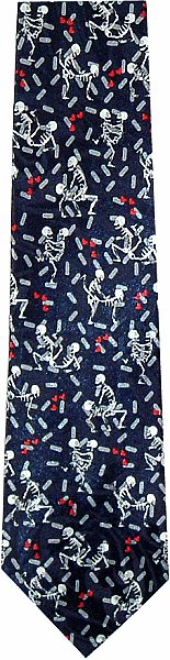A great rude fun tie featuring skeletons in various sexual positions, on a navy background