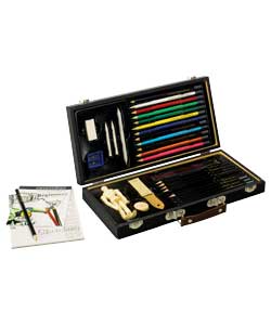 A wooden box set containing 6 graphite pencils, 12 colour pencils, 3 charcoal pencils, a 5in x 7in s