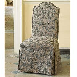 Upholstered in an elegant fabric with solid wooden legs and padded seat. Fully assembled
