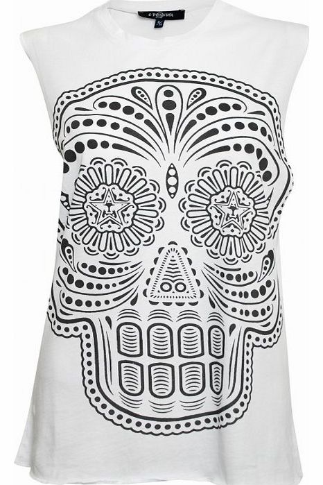 The Skull Smile Vest is a loose fitting cotton muscle tank. This top has a large contrast smiling candy skull front print.