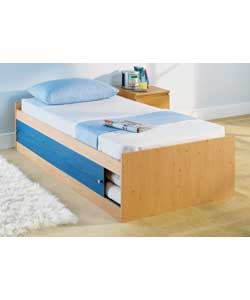 Pine, denim and rose effect.Includes comfort mattress.Size (W)96, (L)195, (H)45cm. Not suitable for