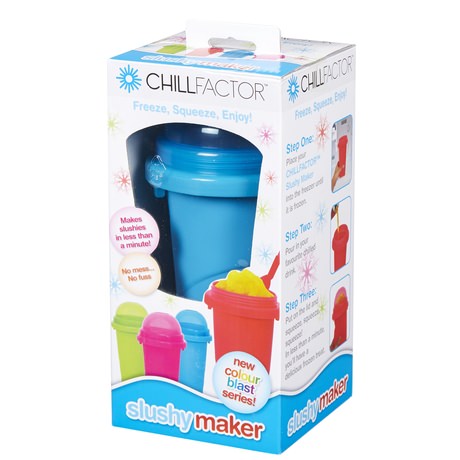 Slushy Maker Cup The Chillfactor Slushy Maker Cup makes slushies in minutes! Made of soft silicone rubber, just freeze, pour in your drink and squeeze! Not to be used with hot or room temperature drinks, milkshakes will take a little longer to freeze