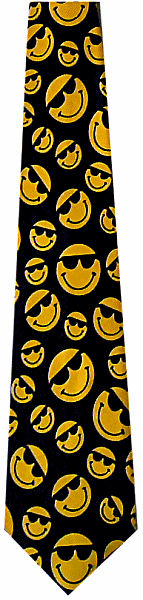 A lovely happy tie covered in yellow smiley faces wearing sunglasses on a patterned navy