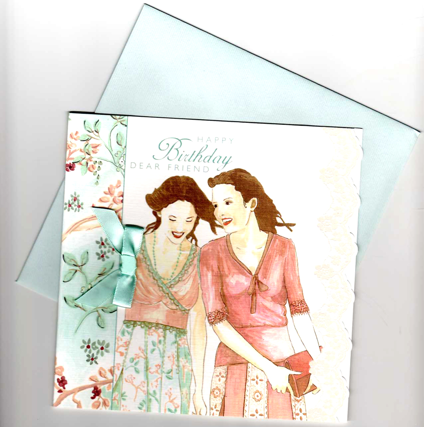 Smiling Girls Friendship Happy Birthday Card finished with a pretty blue bow and lace effect trim ed