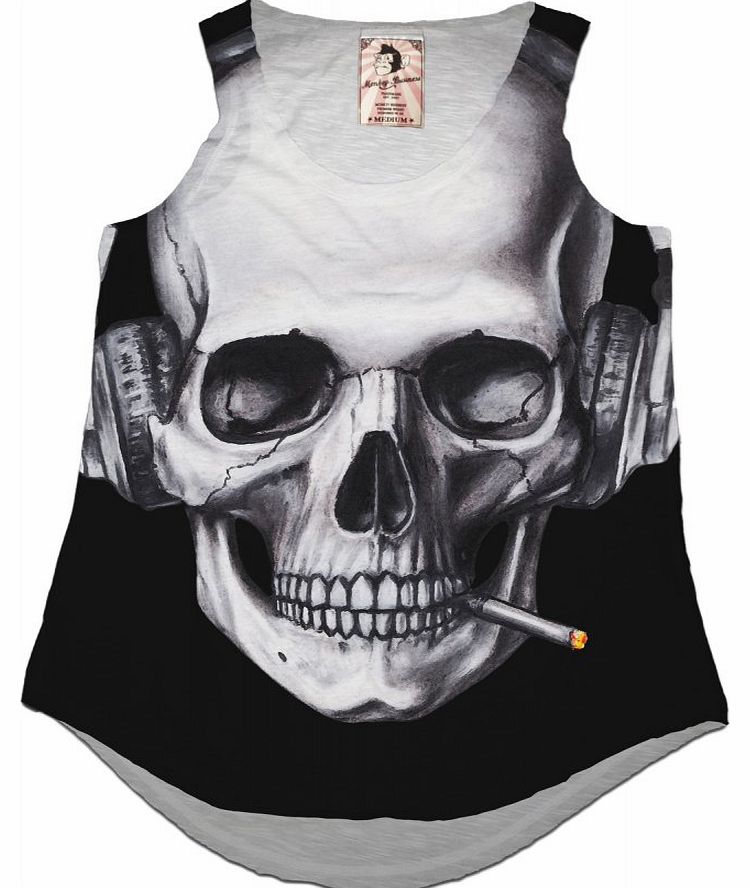 Black Womens raw edge tank top Smoking skull front print Drop back hem 65% Cotton, 35% Polyester