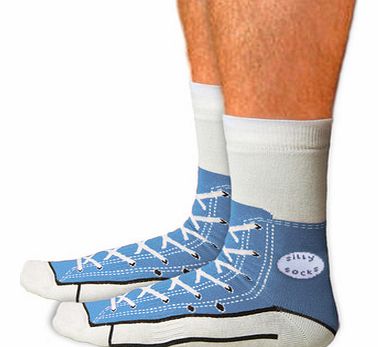 Shoe Print Sneaker Socks in BlueJust remember, when your wearing these socks, dont forget to put on your shoes!These fun silly socks are printed with a blue Converse style sneaker shoe design, so at a quick glance, it looks like you are wearing Ameri