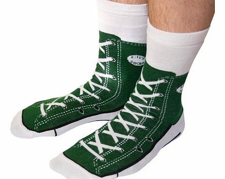 Shoe Print Sneaker Socks in GreenJust remember, when your wearing these socks, dont forget to put on your shoes!These fun silly socks are printed with a green Converse style sneaker shoe design, so at a quick glance, it looks like you are wearing Ame
