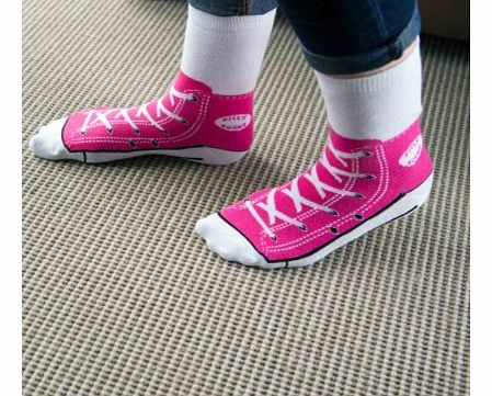 Shoe Print Sneaker Socks in PinkJust remember, when your wearing these socks, dont forget to put on your shoes!These fun silly socks are printed with a pink Converse style sneaker shoe design, so at a quick glance, it looks like you are wearing Ameri