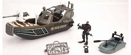 The Soldier Force - Tiger Fish Playset is perfect for battles at land or sea. Its packed with weapons and accessories: 34cm long motor boat with front mounted machine gun Marine figure with wetsuit, flippers and harpoon Dinghy and oars Machine-gun, 2