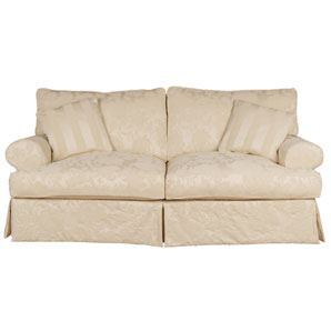 A timeless Florentine jacquard design in biscuit colour fabric with pelmet, rounded arms,