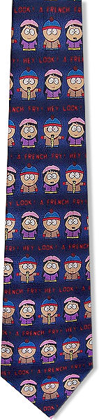 A "hey look, a french fry" South Park tie with a few cast members lined up on a navy background