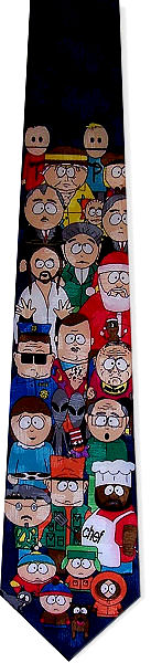Southpark cast group photo on a dark navy patterned background