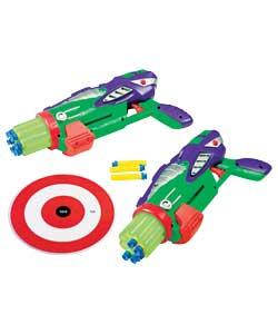 Includes 2 soft foam dart guns, 16 darts and a target.For ages 6 years and over. Warning! Do not