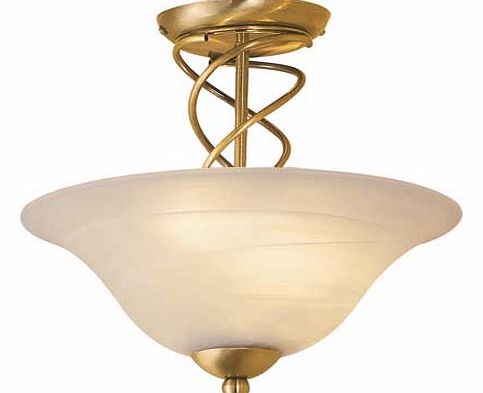 This stunning light fitting features a pretty textured frosted glass shade with a unique spiral design in an antique brass finish. Drop 30cm. Diameter 30cm. Suitable for use with low energy bulbs. Requires wiring. Bulbs required 2 x 30W BC eco haloge