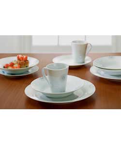 4 place settings. Set contains 4 dinner plates, 4 side plates, 4 soup plate and 4 mugs. Dinner plate