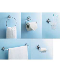 Chrome finish. Comprises towel rail, towel ring, toilet roll holder, toothbrush holder, tumbler,