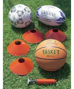 Includes 1 football, rugby ball, basketball, 4 low cones and 1 pump