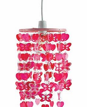Add a touch of feminine character to your room with this gorgeous pink light shade with decorative plastic butterflies and heart shaped motifs. Size H34. D18cm. Bulbs required: 1 x 11W BC energy saving genie (not included). EAN: 4325293.