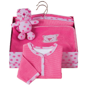 This pink spotty gift set contains a kitty rattle