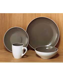 4 place settings. Set contains 4 dinner plates, 4 side plates, 4 bowls and 4 mugs. Dinner plate diam