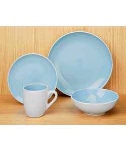 4 place settings.2-tone pattern with cream underneath and blue on top.Set includes 4 dinner plates, 