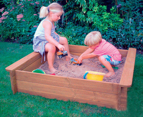 A stylish wooden sandpit that will give the children hours of fun  includes cover and groundsheet  e