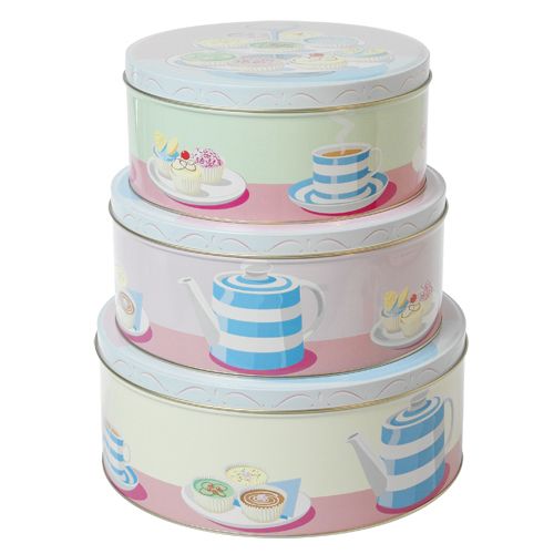 Set of Three Tea & Cakes Design `Shabby Chic` Nesting Biscuit Tins    A Lovely old style stacking