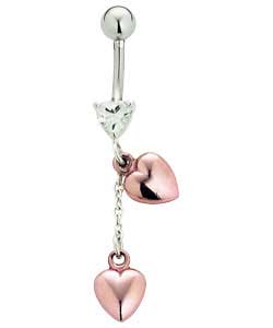 Stainless Steel Body Bar with Pink Silver Puffed Hearts