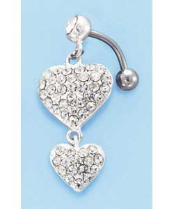Stainless Steel Double Diamante Heart Body Bar