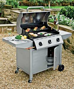 Propane (37mbar)/ Butane (28mbar) gas should be used.Grill area 102 x 54 x 131cm.Weight 43.3kg.Packe