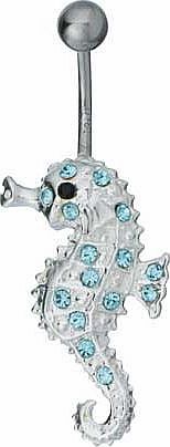 This pretty and beautifully designed Seahorse stainless steel belly bar has a crystallised exterior. which beautifully glistens and shimmers. With an intricate seahorse design this gorgeous piece would hang perfectly as a belly bar. Made from stainle